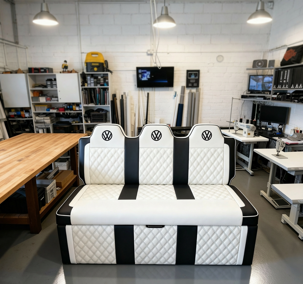 Full width rock n roll bed white Blue Note Upholstery